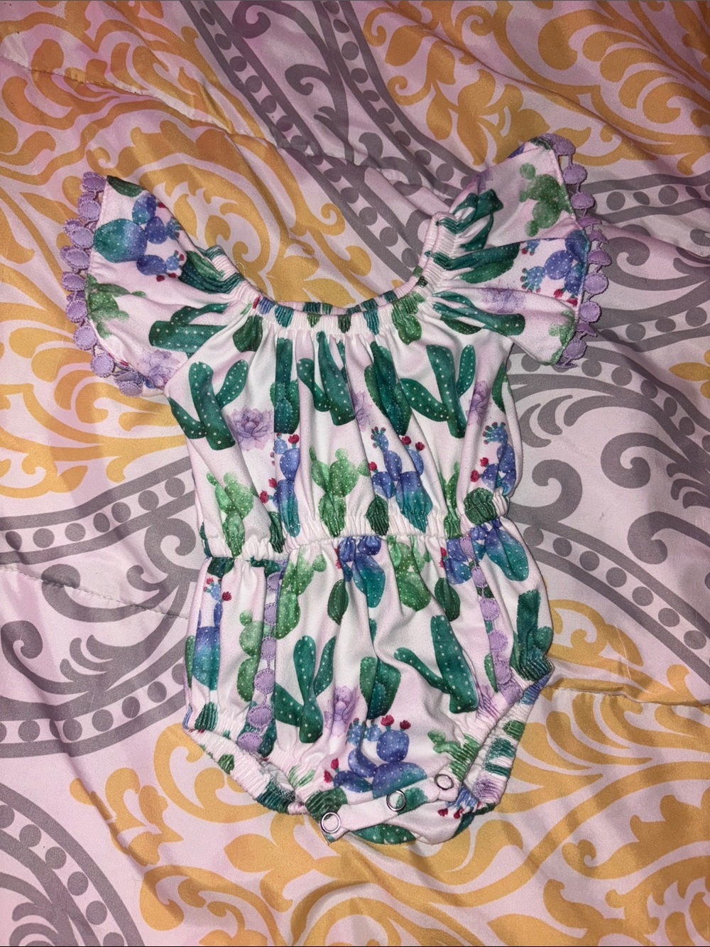 White Cactus-Print Baby Girls Romper with Purple Trim